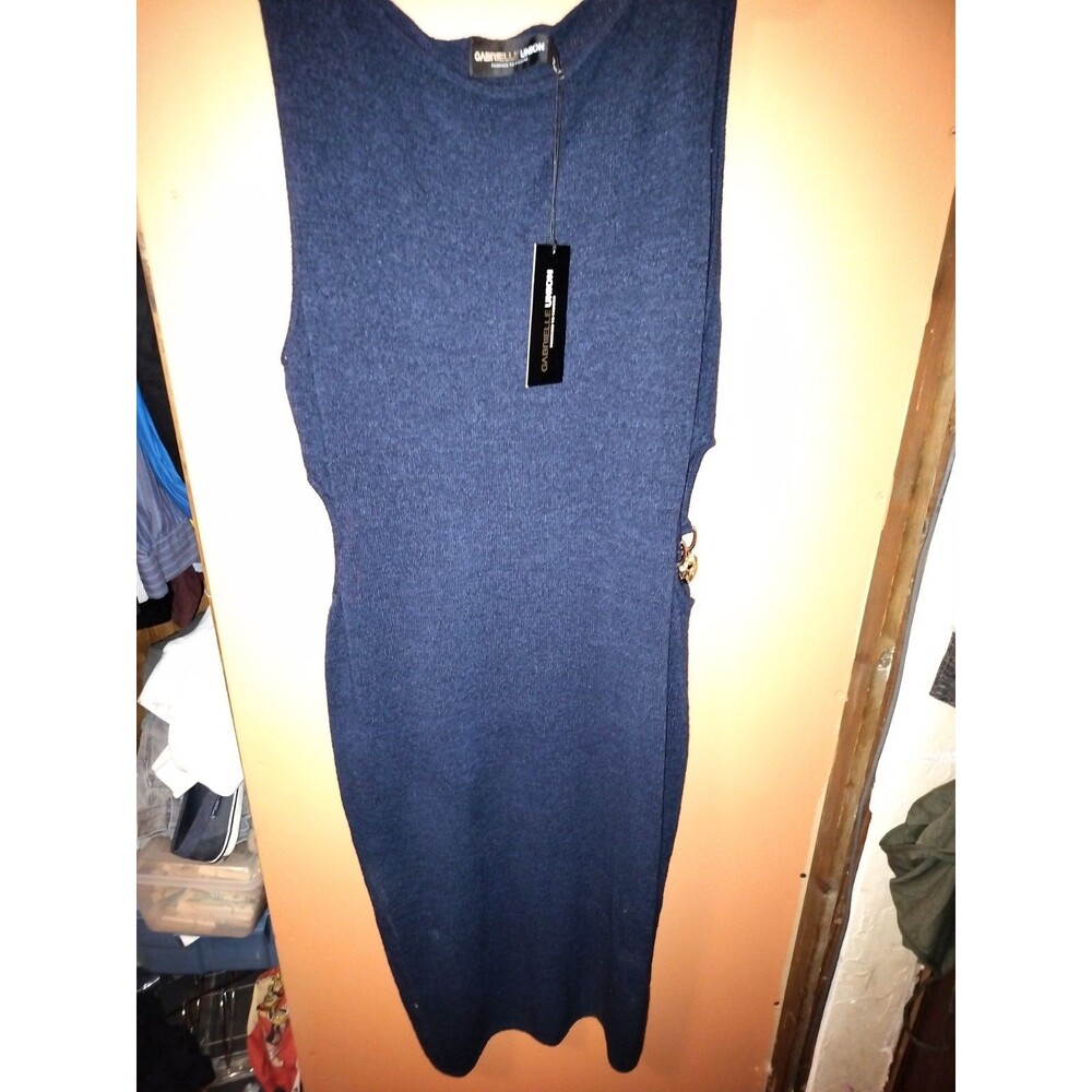 NWT Gabrielle Union Sheath Dress Knit Chains Detail Sleeveless Navy Blue Size 2
